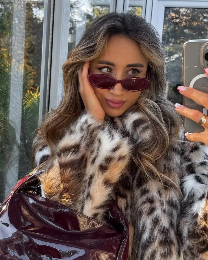 Winter Leopard Print Faux Fur Coat Women Long Sleeve Plush