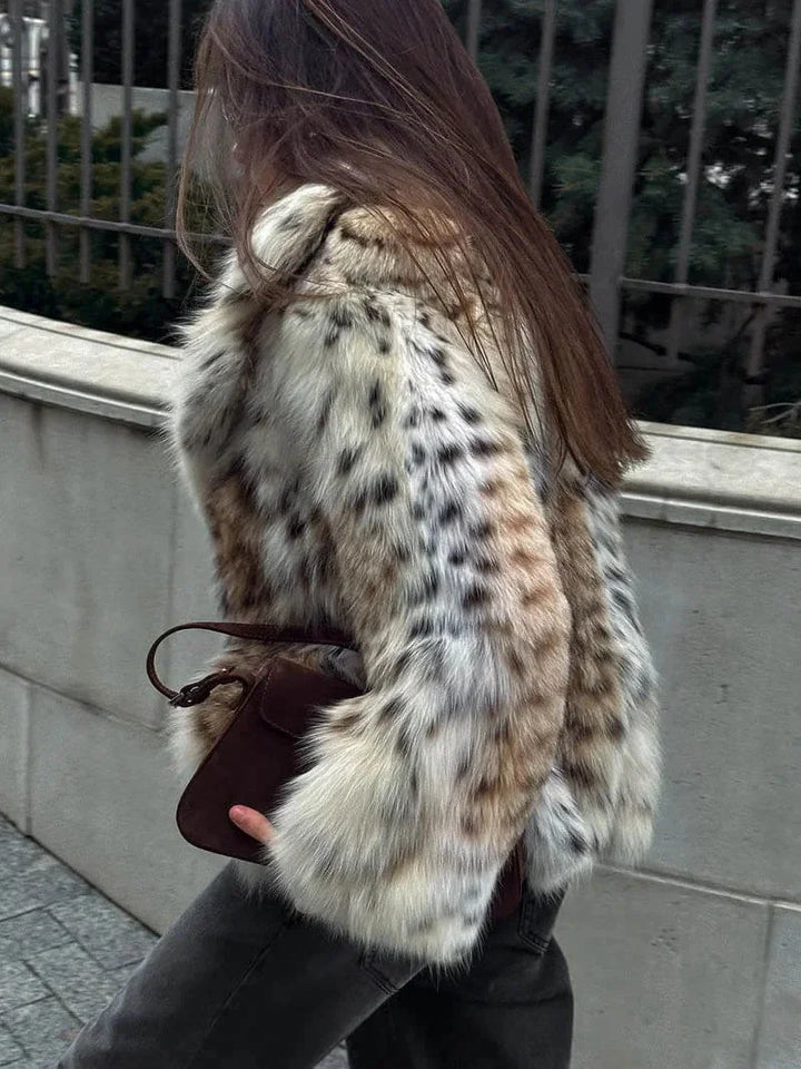 Winter Leopard Print Faux Fur Coat Women Long Sleeve Plush