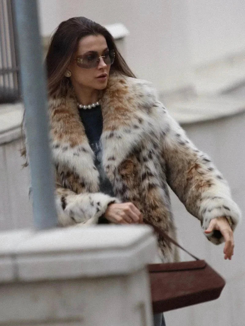 Winter Leopard Print Faux Fur Coat Women Long Sleeve Plush