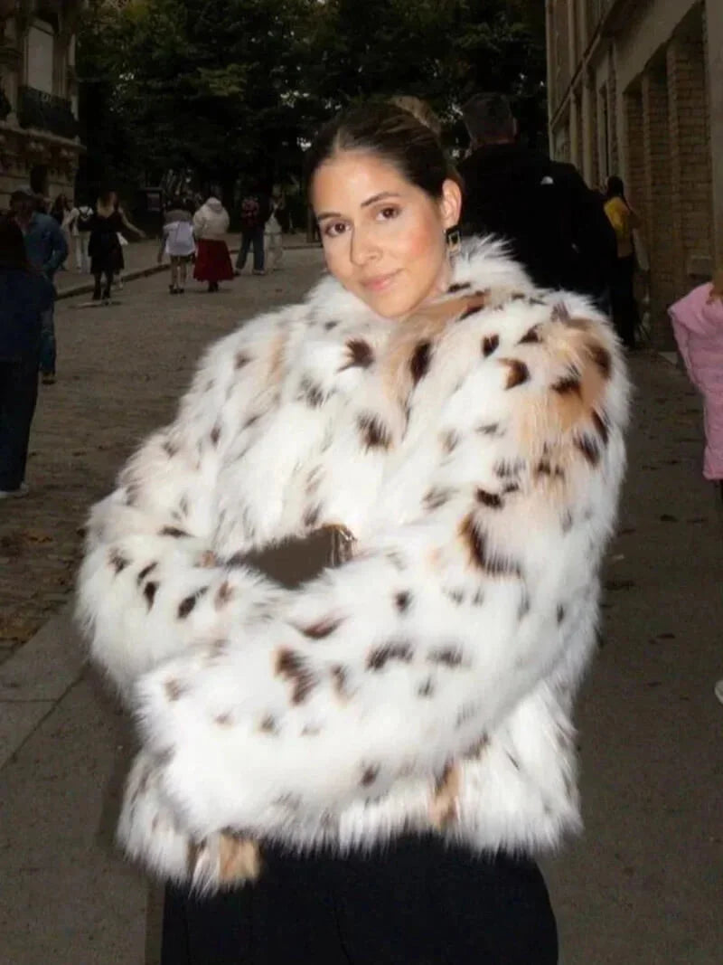Winter Leopard Print Faux Fur Coat Women Long Sleeve Plush