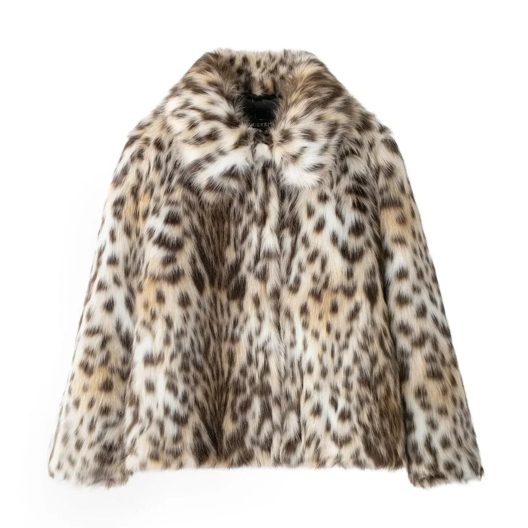 Winter Leopard Print Faux Fur Coat Women Long Sleeve Plush