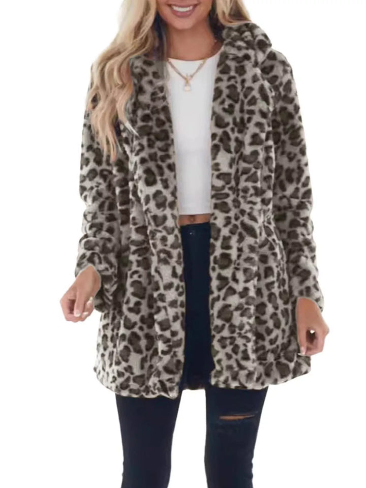 Winter Leopard Faux Fur Coat Women Open Front Print Coat