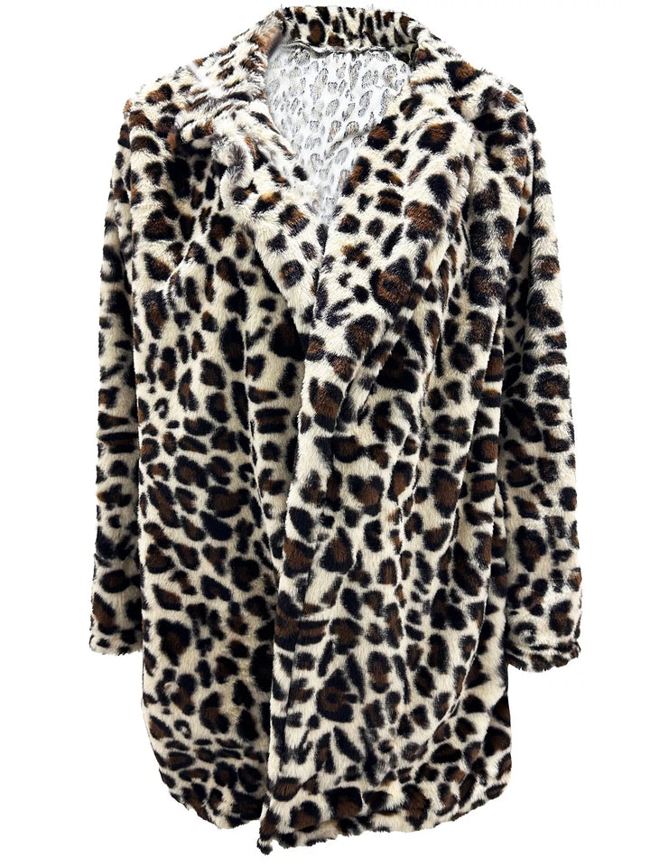 Winter Leopard Faux Fur Coat Women Open Front Print Coat