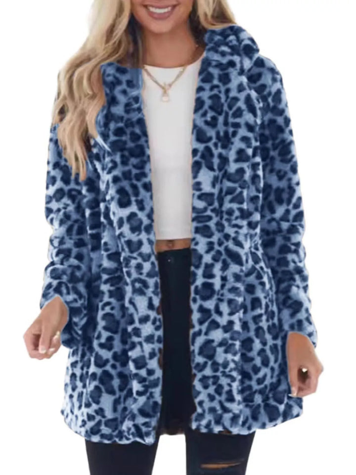 Winter Leopard Faux Fur Coat Women Open Front Print Coat