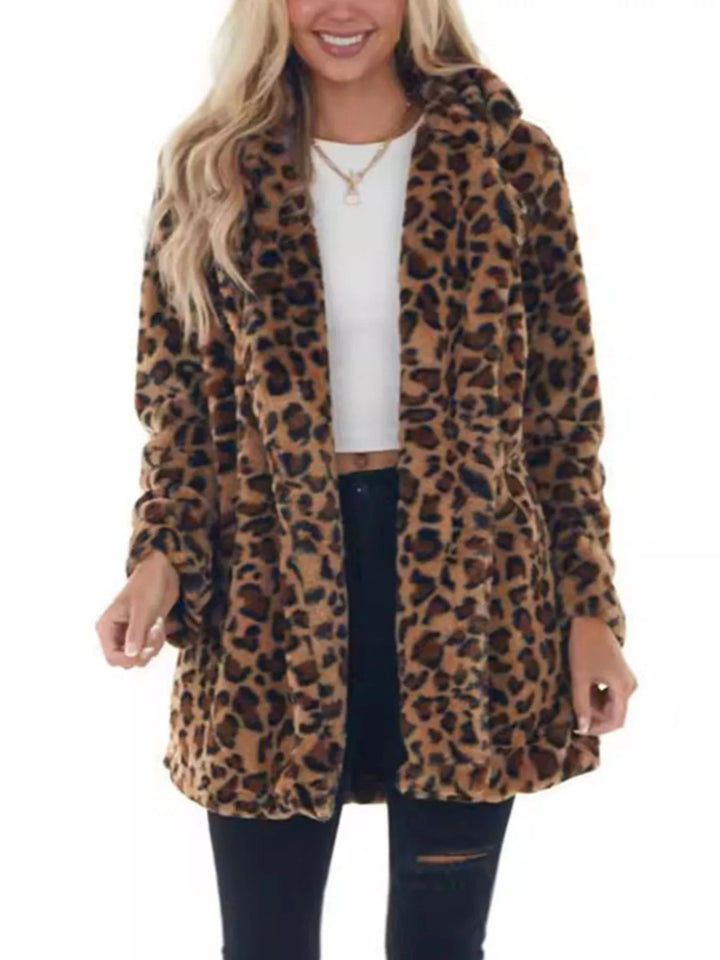 Winter Leopard Faux Fur Coat Women Open Front Print Coat
