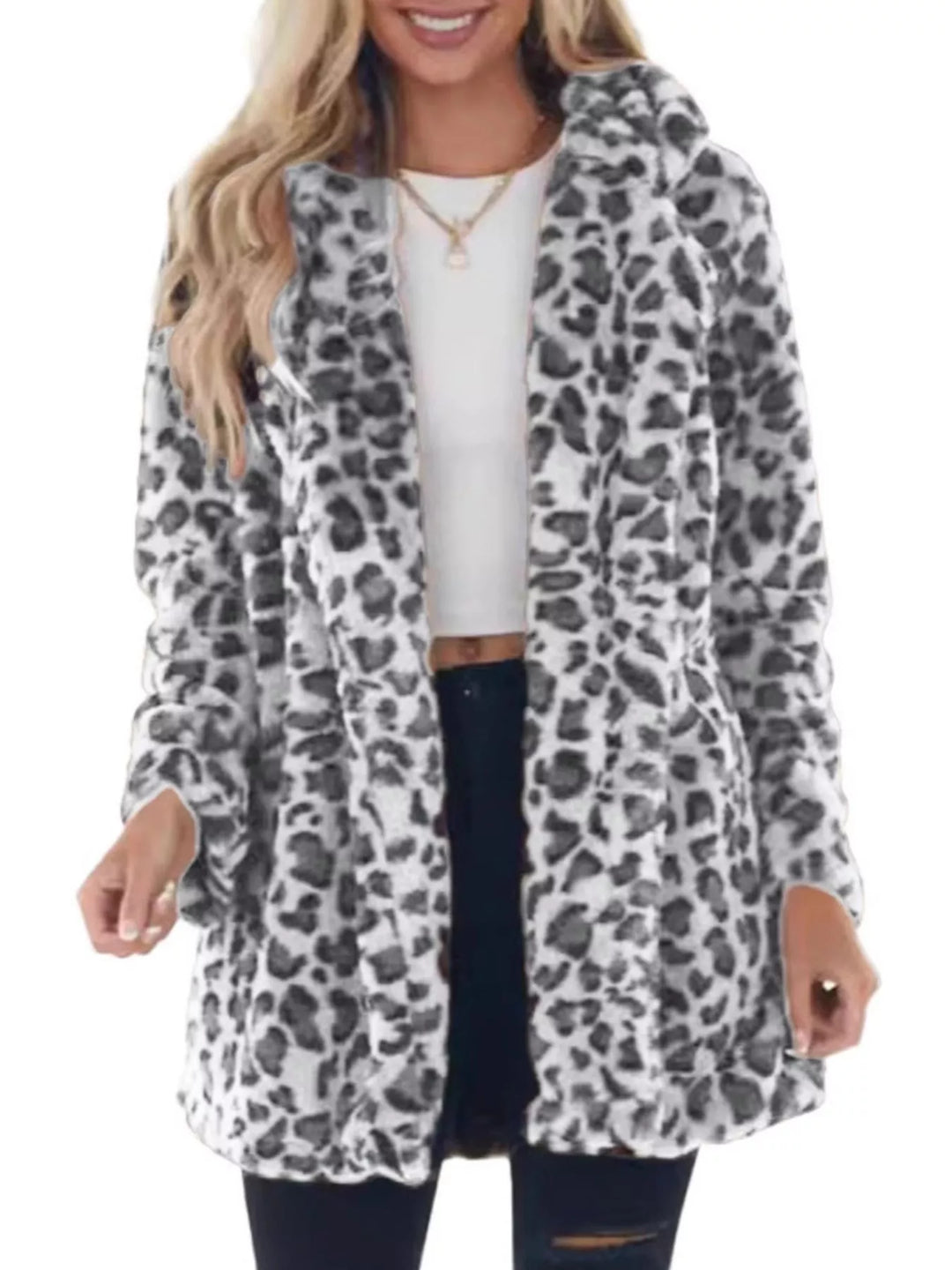 Winter Leopard Faux Fur Coat Women Open Front Print Coat
