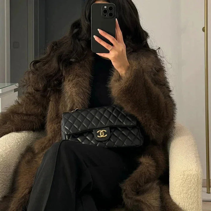 Winter Long Faux Fur Coat Women Tie Collar Full Length