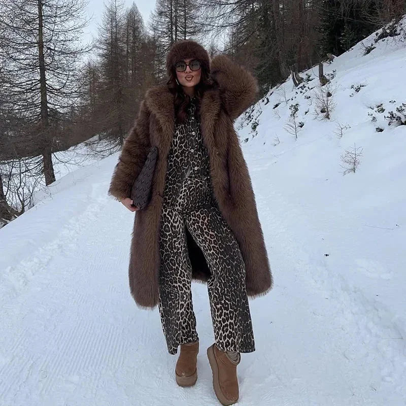 Winter Long Faux Fur Coat Women Tie Collar Full Length