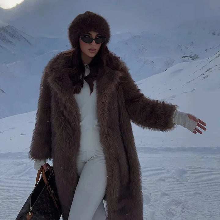 Winter Long Faux Fur Coat Women Tie Collar Full Length