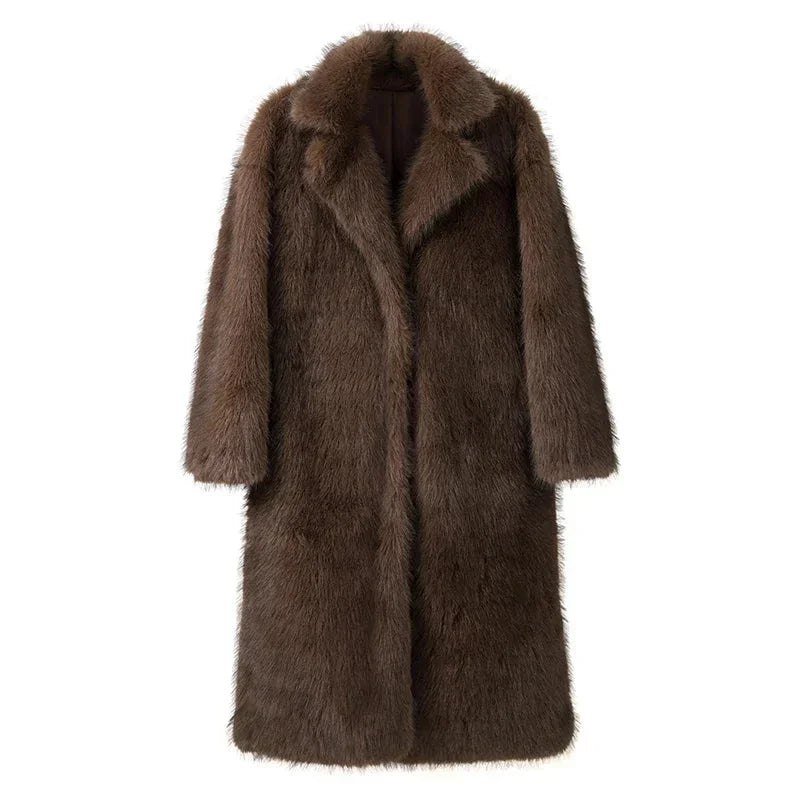Winter Long Faux Fur Coat Women Tie Collar Full Length