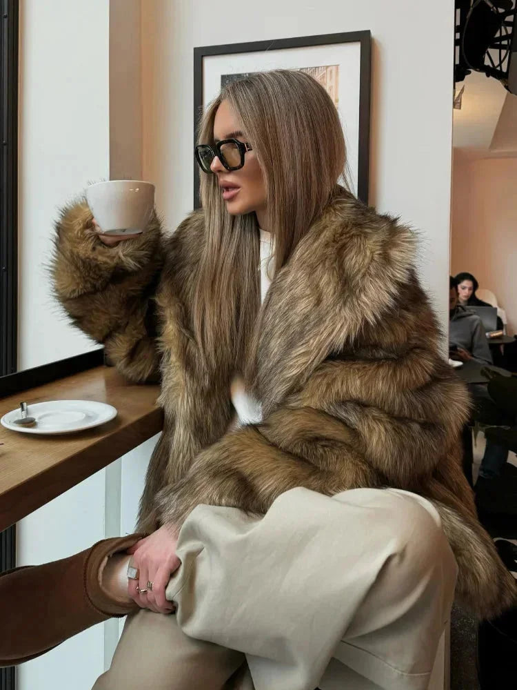 Winter Faux Fur Coat Women Brown Soft Long Sleeve Coat
