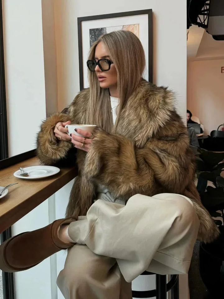 Winter Faux Fur Coat Women Brown Soft Long Sleeve Coat