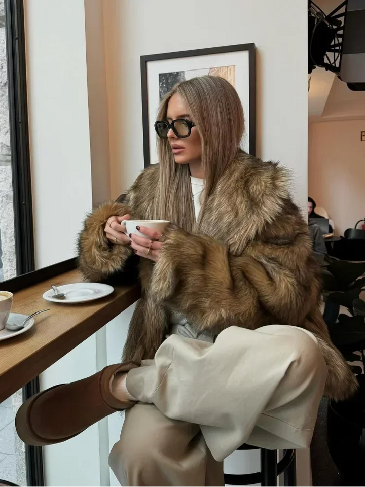 Winter Faux Fur Coat Women Brown Soft Long Sleeve Coat