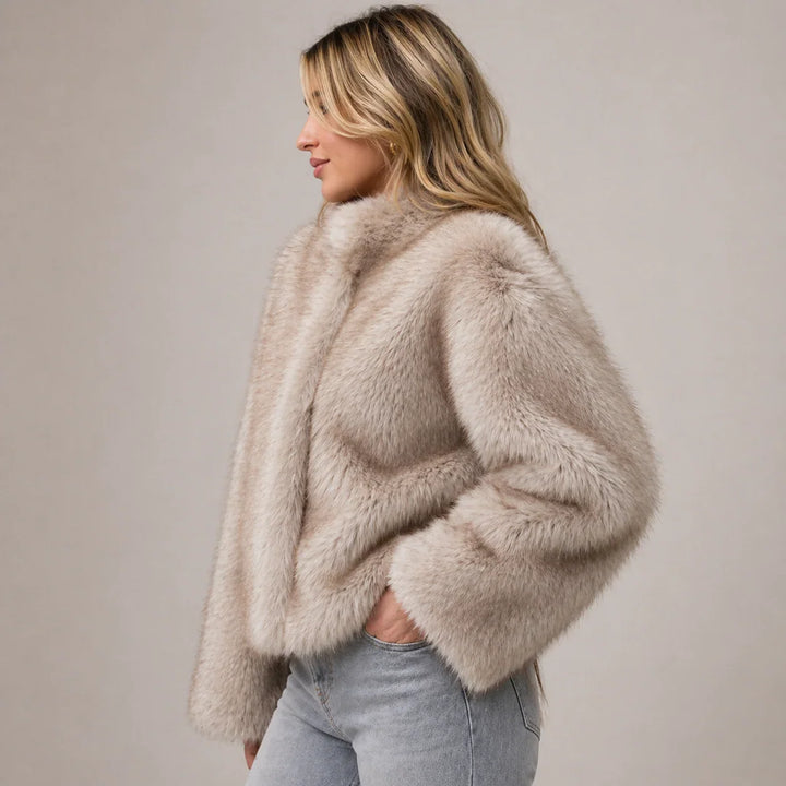 Winter Faux Fur Coat Women Round Neck Button Hook Closure