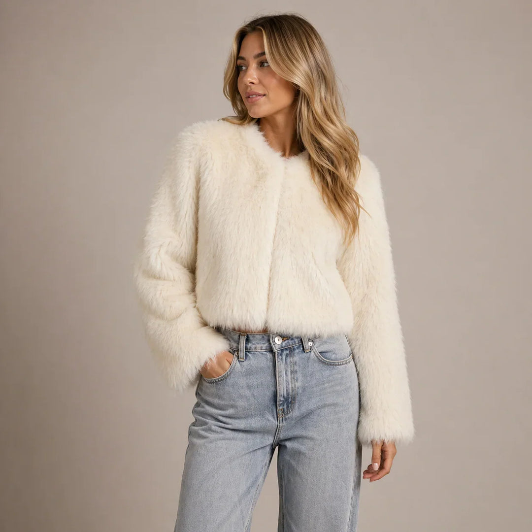 Winter Faux Fur Coat Women Round Neck Button Hook Closure