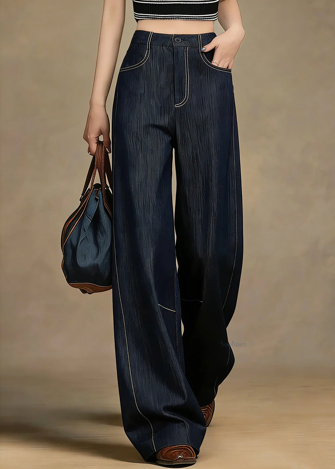 High-Waist Wide-Leg Jeans with Contrast Stitching