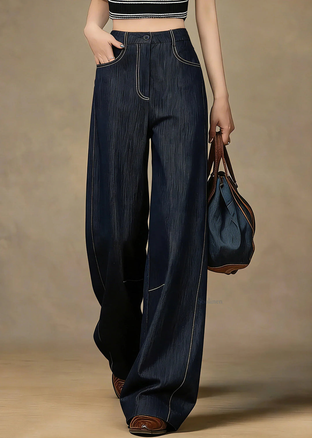High-Waist Wide-Leg Jeans with Contrast Stitching