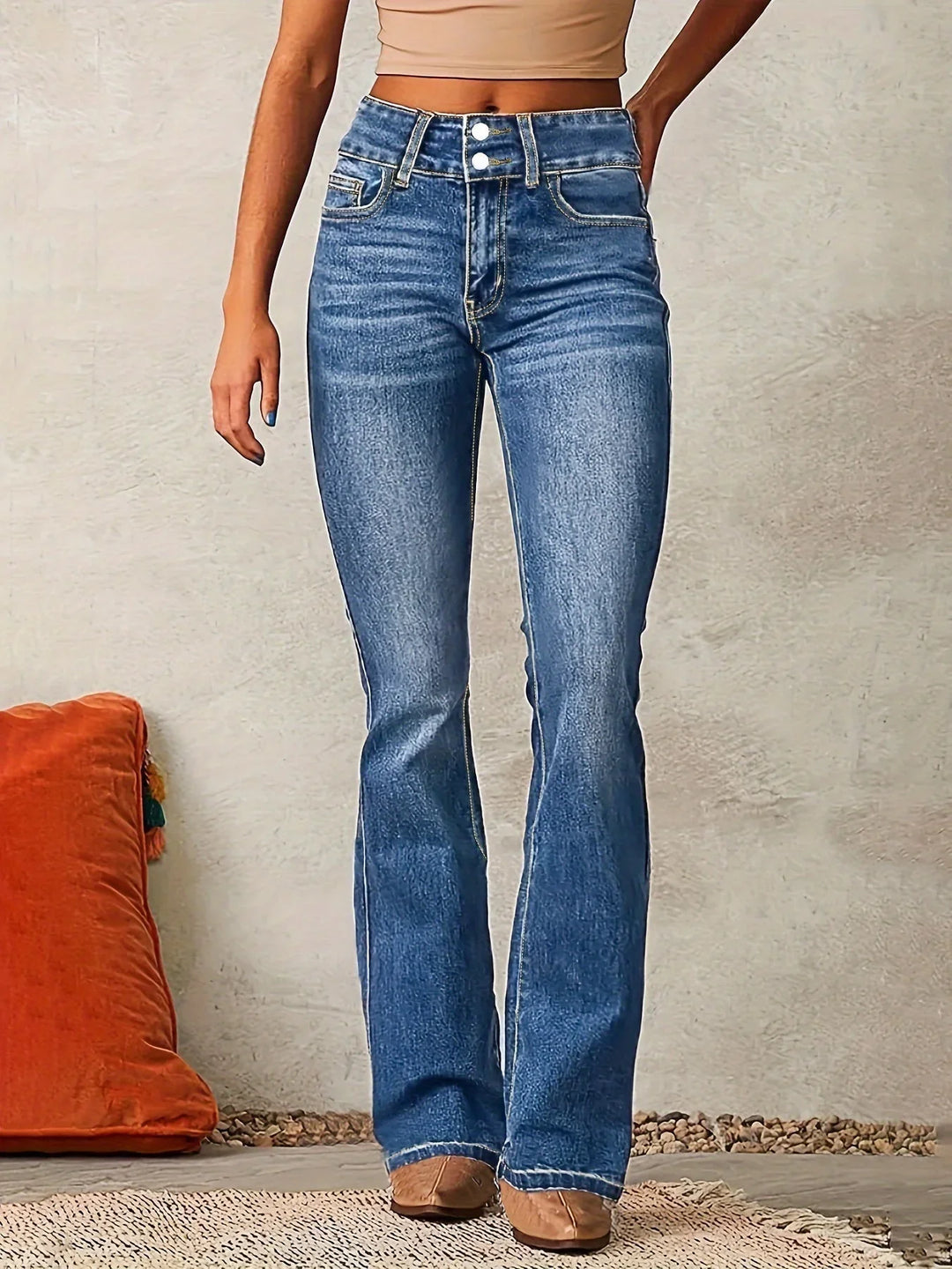 Double-Button High-Waisted Flare Denim Jeans