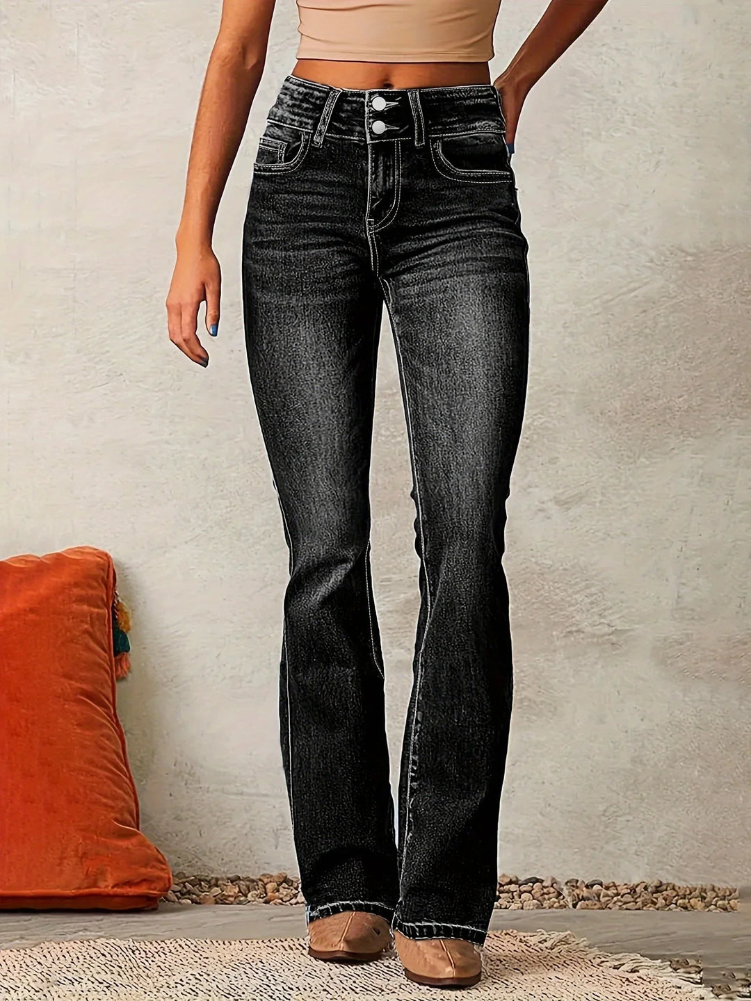 Double-Button High-Waisted Flare Denim Jeans