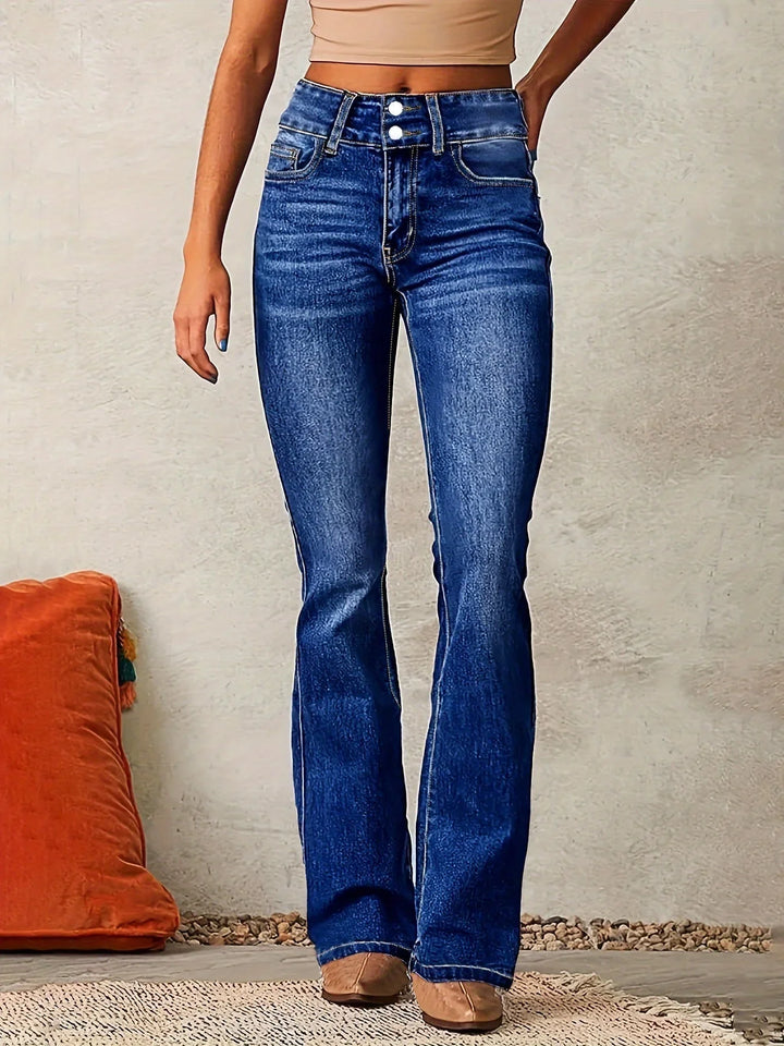Double-Button High-Waisted Flare Denim Jeans