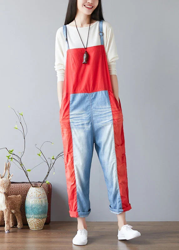 Color-Block Patchwork Denim Jumpsuit