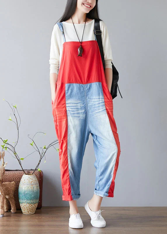 Color-Block Patchwork Denim Jumpsuit