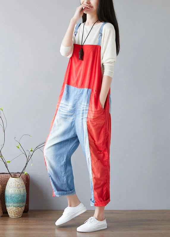 Color-Block Patchwork Denim Jumpsuit