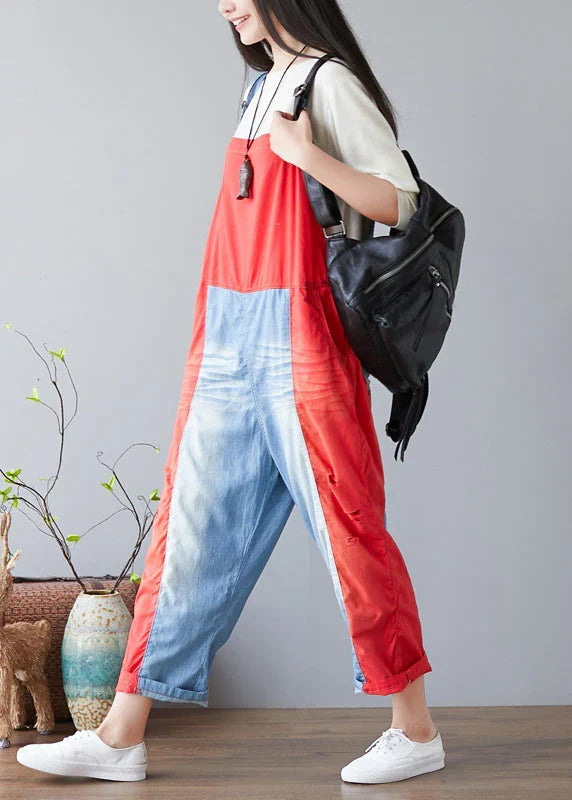 Color-Block Patchwork Denim Jumpsuit