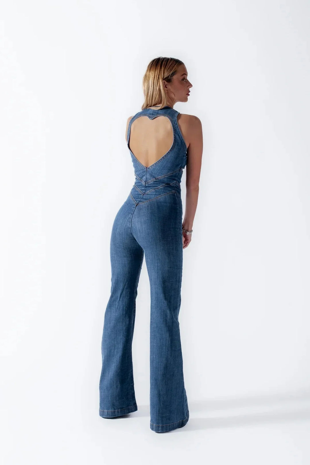 Vintage-Inspired Sleeveless Flare Denim Jumpsuit