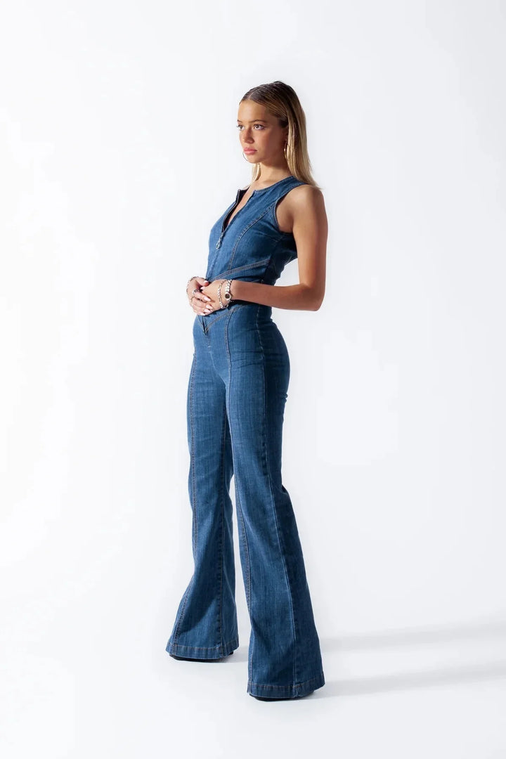 Vintage-Inspired Sleeveless Flare Denim Jumpsuit