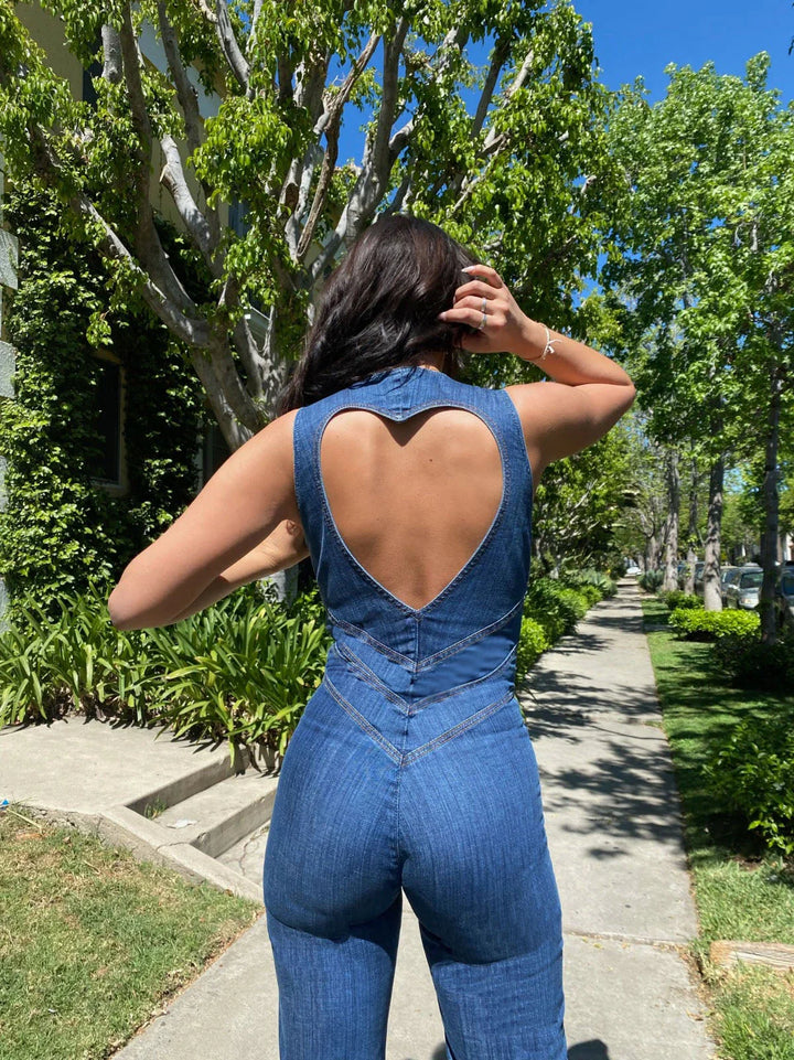 Vintage-Inspired Sleeveless Flare Denim Jumpsuit
