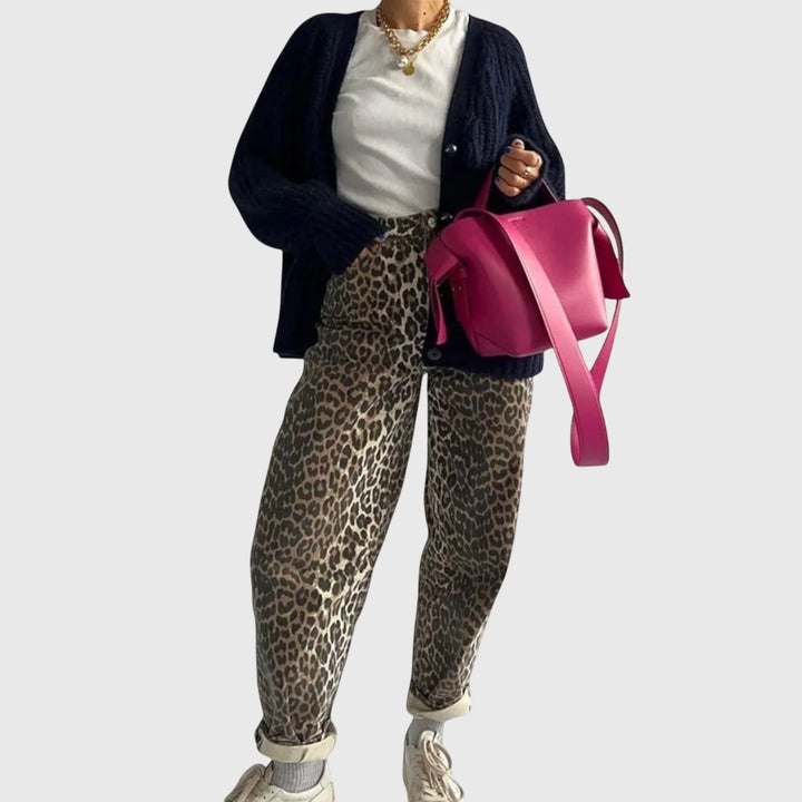 Leopard Print High-Waisted Straight-Leg Jeans