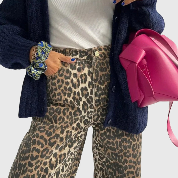 Leopard Print High-Waisted Straight-Leg Jeans