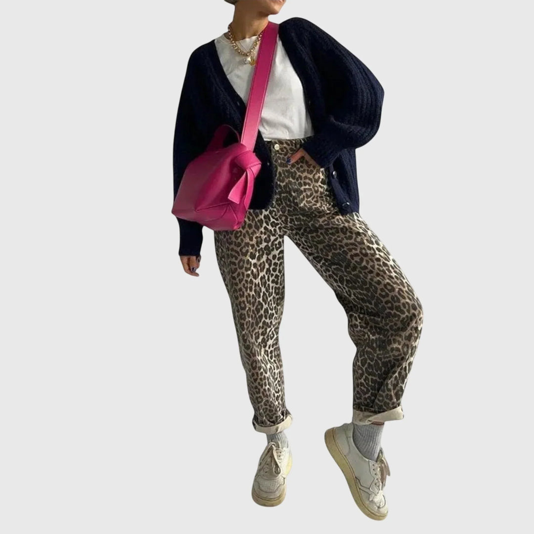 Leopard Print High-Waisted Straight-Leg Jeans