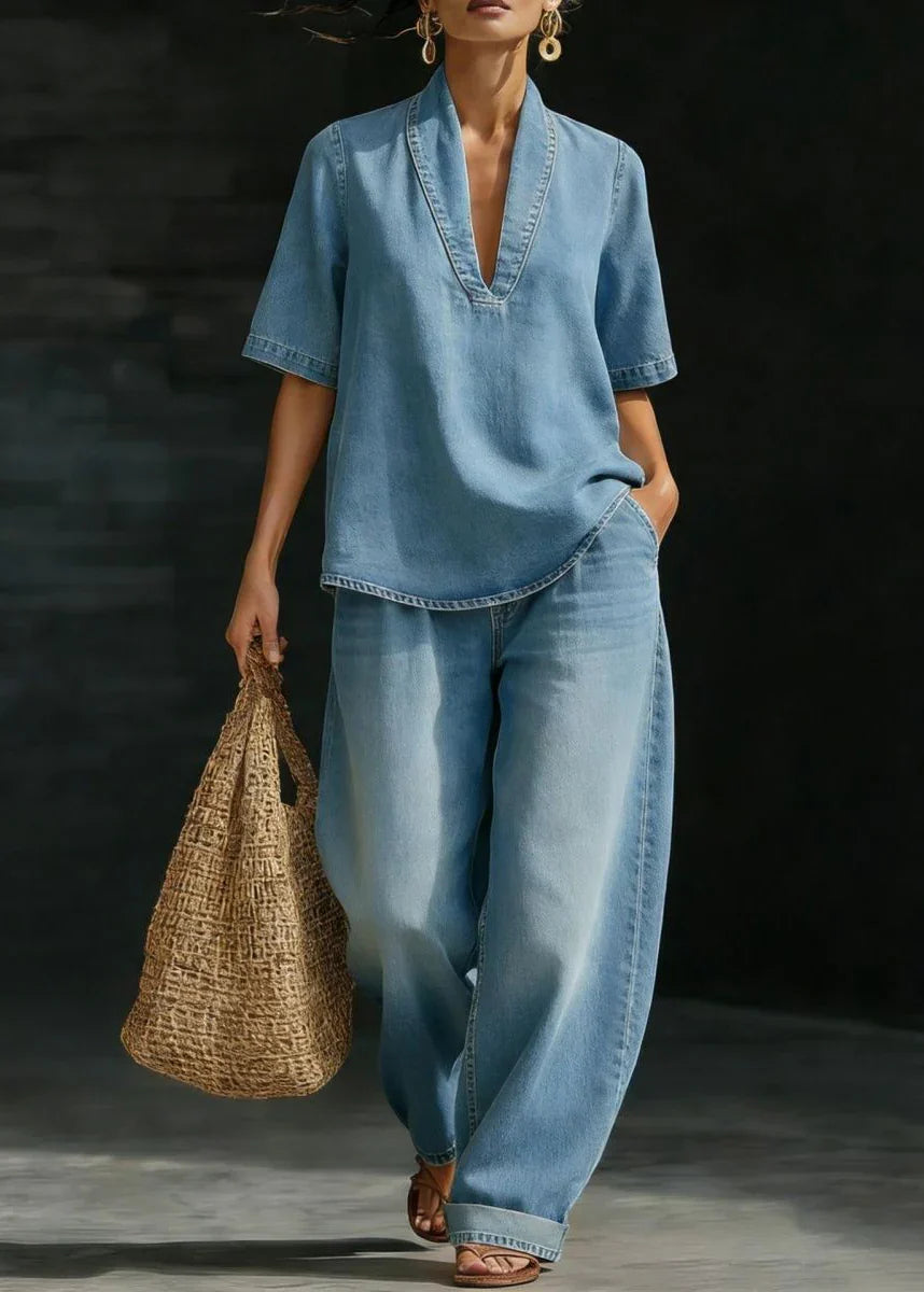 Women Patchwork Denim Two-Piece Set