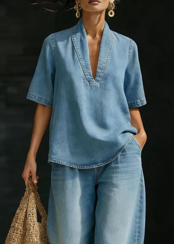 Women Patchwork Denim Two-Piece Set