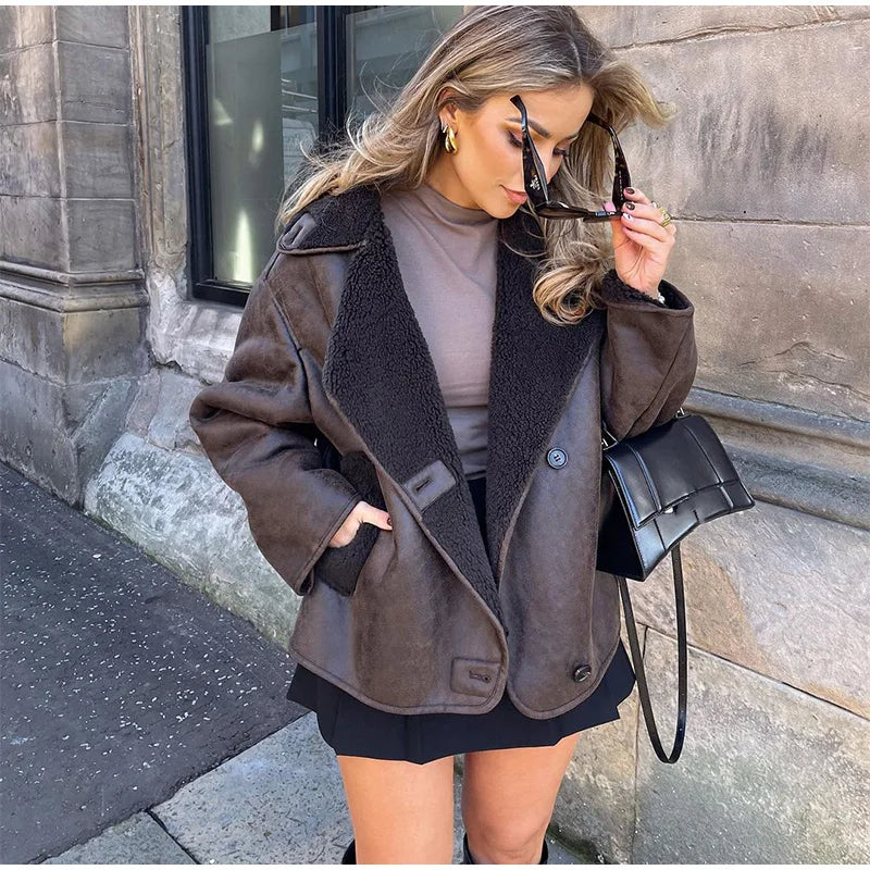 Winter Leather Coat Women Brown Shearling Lined Double Breasted