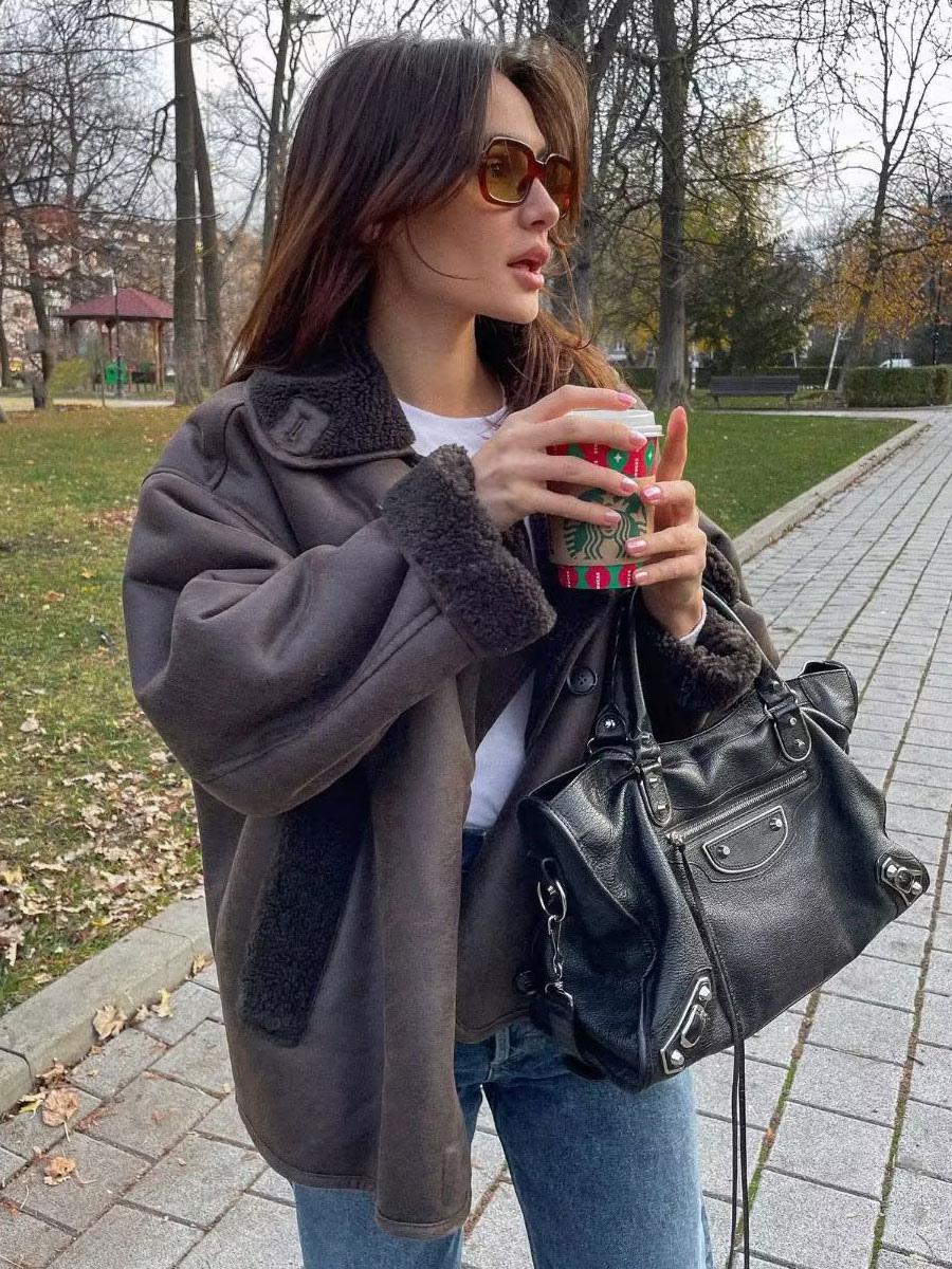 Winter Leather Coat Women Brown Shearling Lined Double Breasted