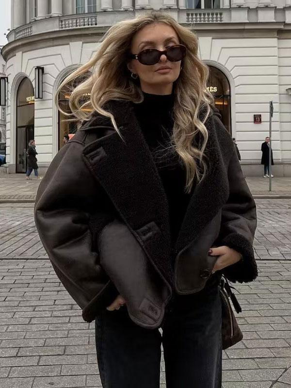 Winter Leather Coat Women Brown Shearling Lined Double Breasted