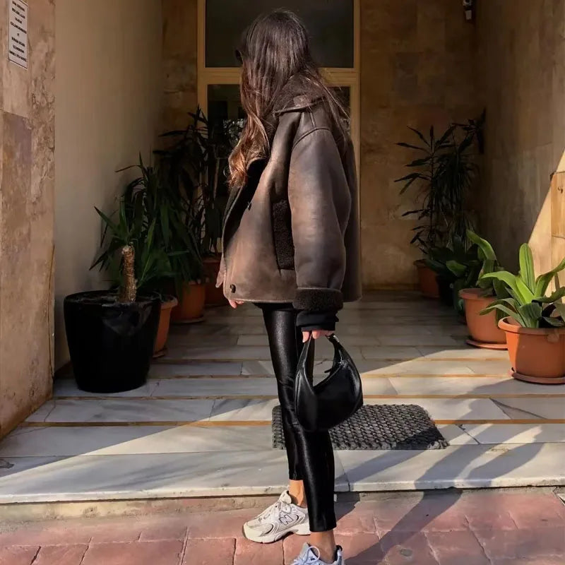 Winter Leather Coat Women Brown Shearling Lined Double Breasted