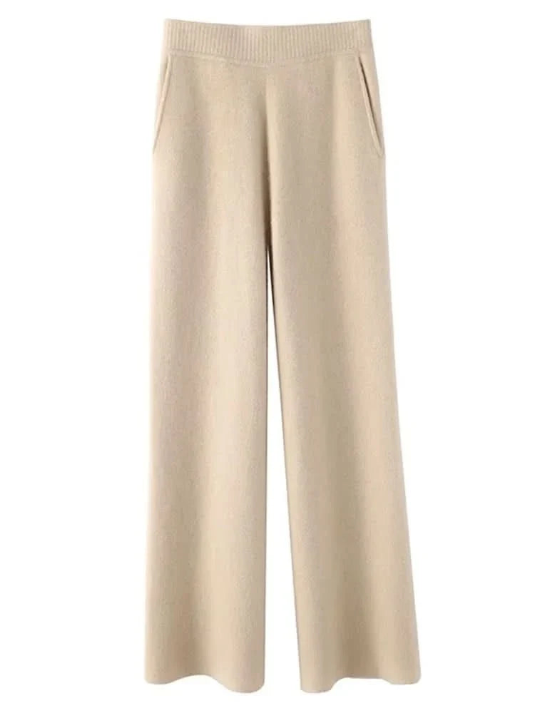 Winter Knit Lounge Pants Women Drawstring Waist Relaxed Trousers