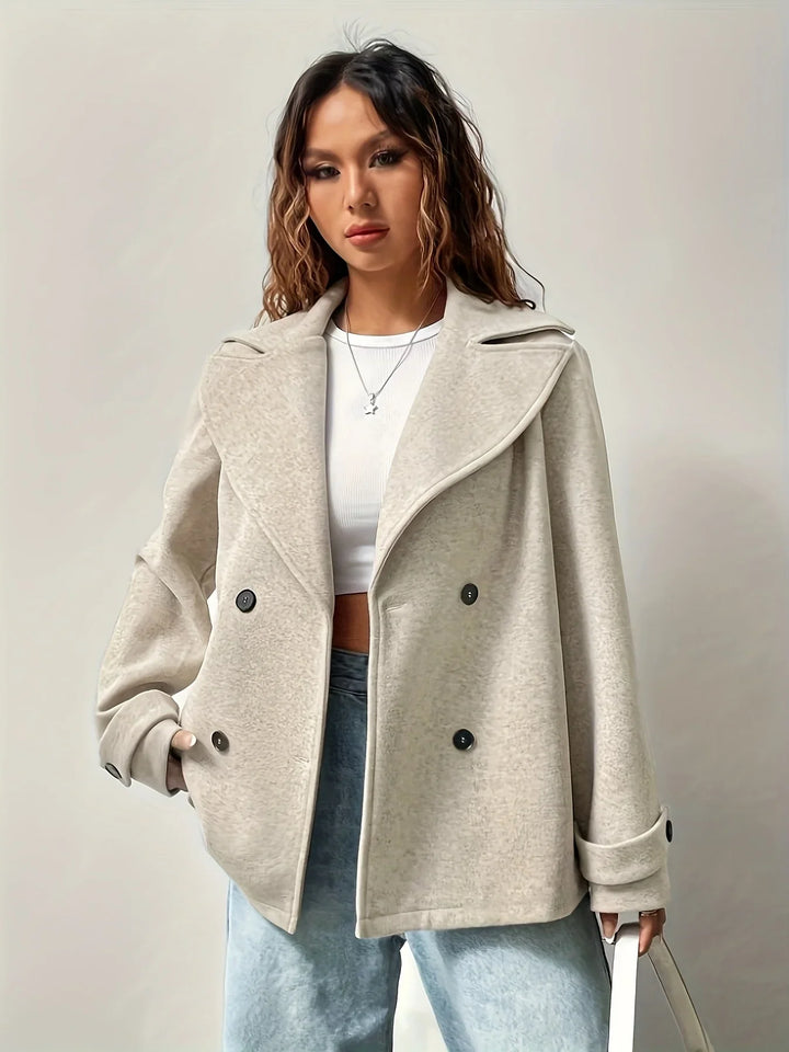 Winter Pea Coat Women Double Breasted Notched Collar Wool Blend