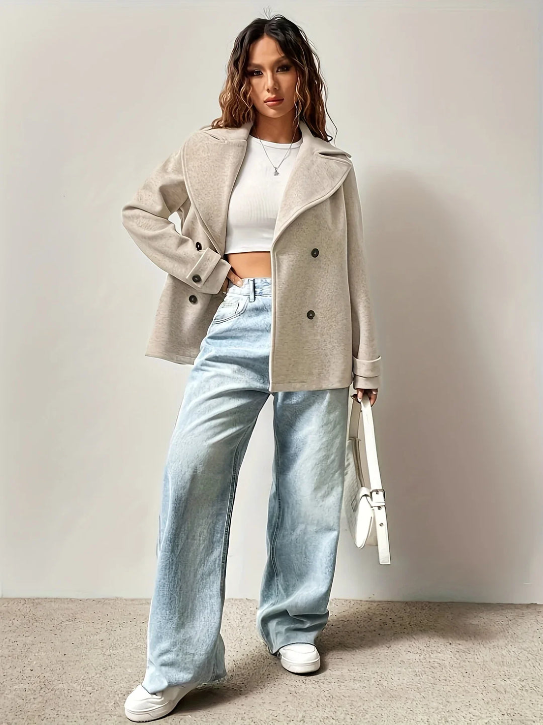 Winter Pea Coat Women Double Breasted Notched Collar Wool Blend