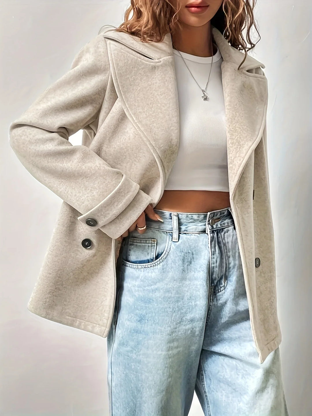 Winter Pea Coat Women Double Breasted Notched Collar Wool Blend