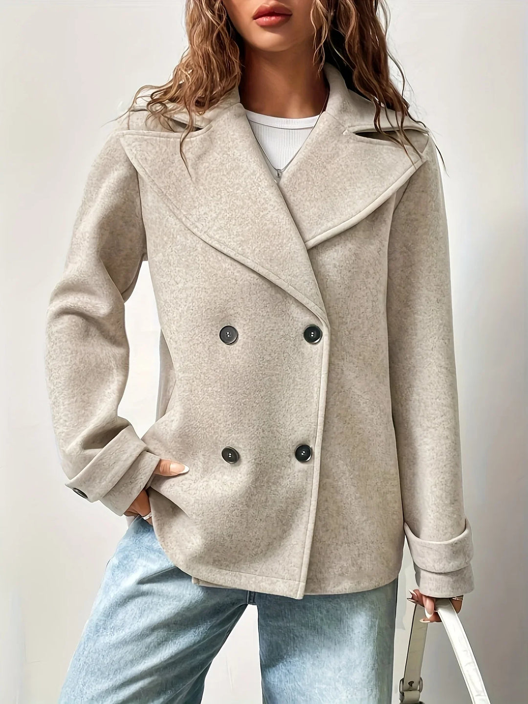 Winter Pea Coat Women Double Breasted Notched Collar Wool Blend