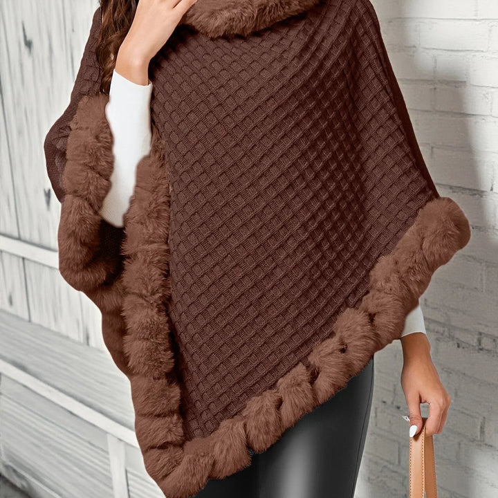 Winter Knit Poncho Women Faux Fur Trim Cowl Neck Wrap Cape