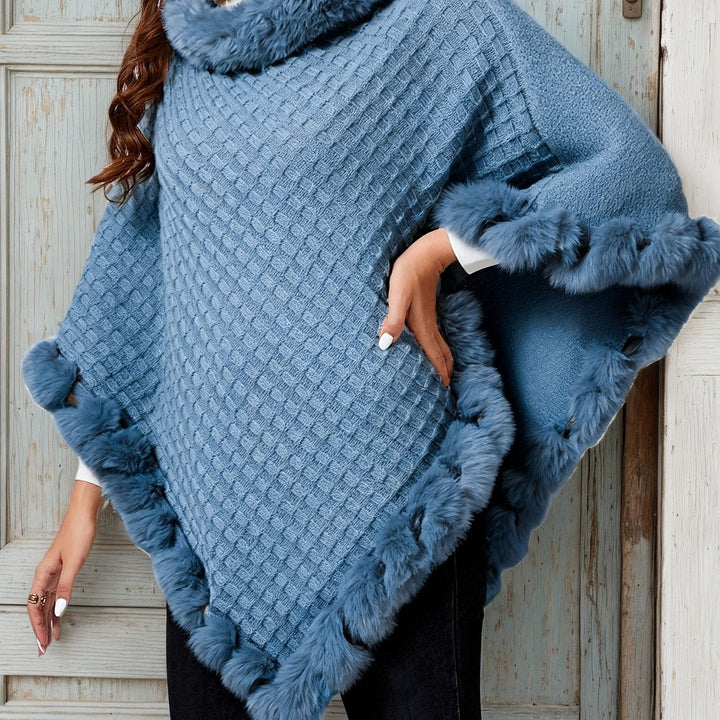 Winter Knit Poncho Women Faux Fur Trim Cowl Neck Wrap Cape