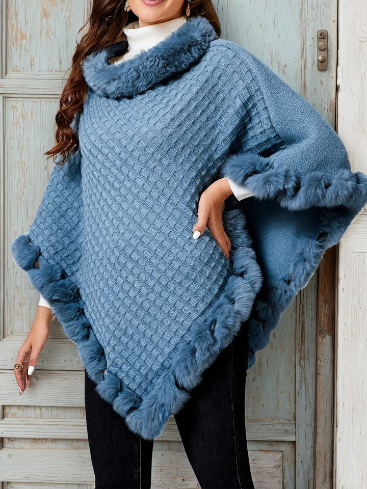 Winter Knit Poncho Women Faux Fur Trim Cowl Neck Wrap Cape