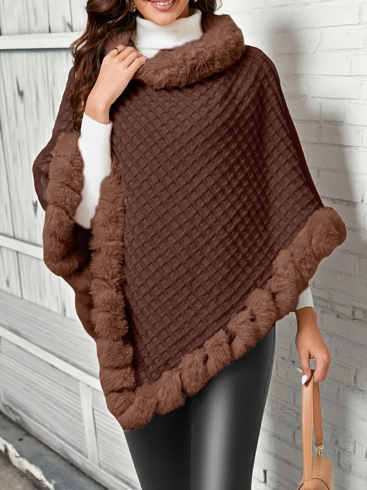 Winter Knit Poncho Women Faux Fur Trim Cowl Neck Wrap Cape