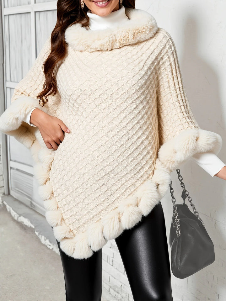 Winter Knit Poncho Women Faux Fur Trim Cowl Neck Wrap Cape